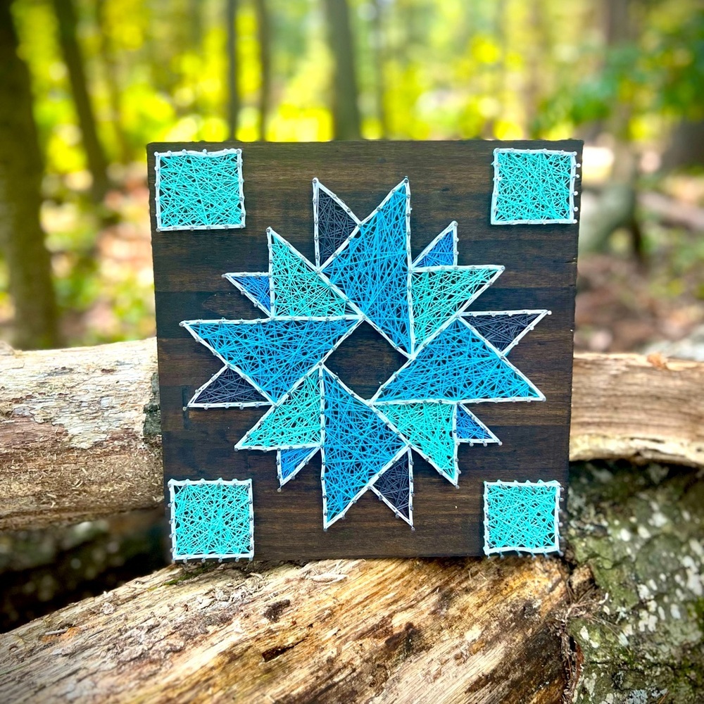 Barn quilt string art teal blue white